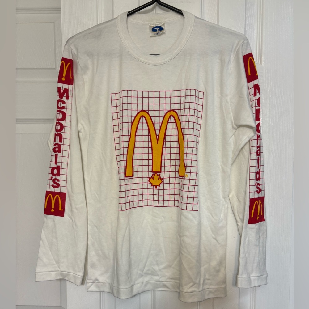 VTG Employee Canada McDonald's Shirt Red Logo Spell Out Sleeves Retro Unisex S